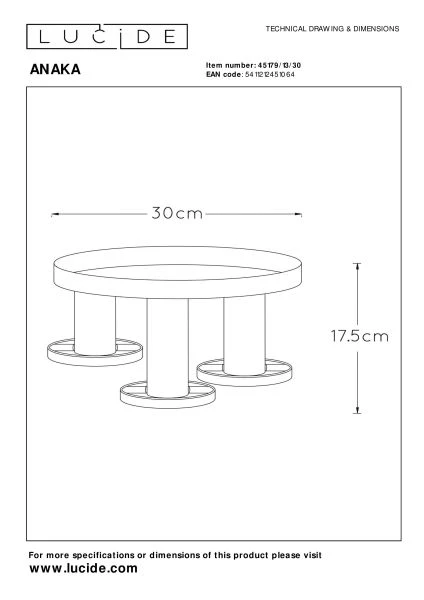 Lucide ANAKA - Plafonnier - Ø 30 cm - 3xE27 - Noir - TECHNISCH